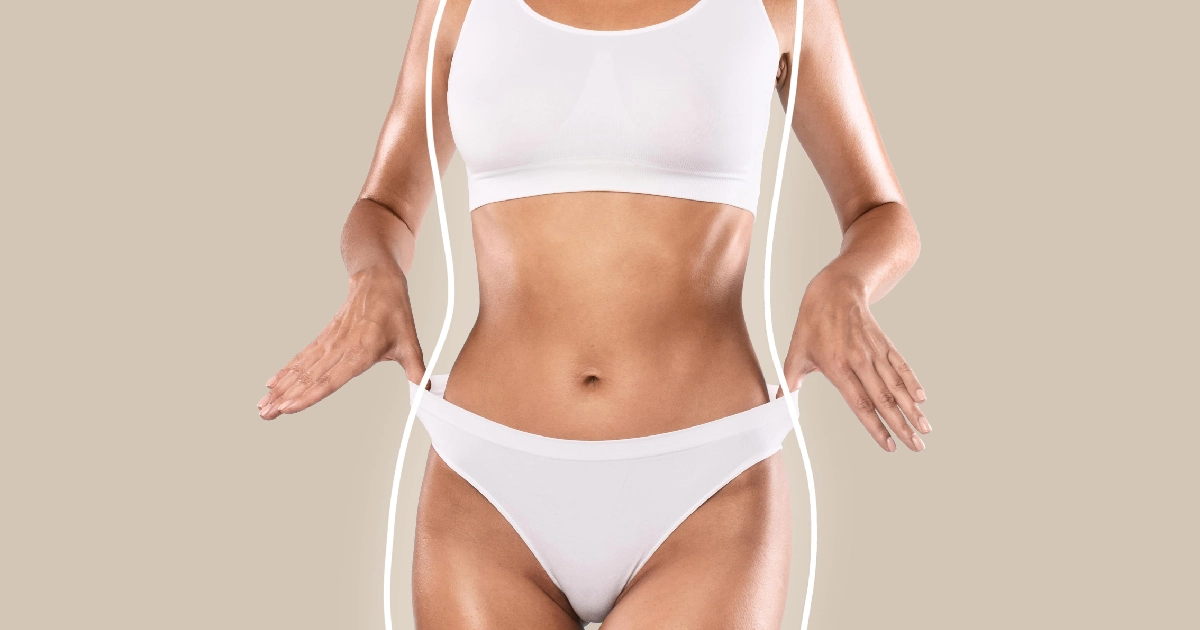 Woman's body in a white sports bra and underwear with a superimposed white outline indicating body contouring during Emsculpt Neo in Brighton, MI.